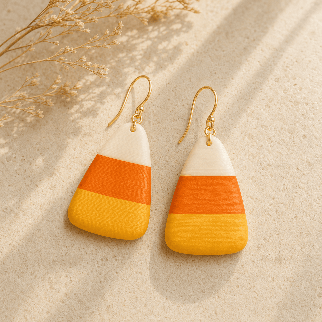 Candy Corn Earrings laid on warm sandstone with dried florals, showing the rounded kernel shape and crisp stripe transitions