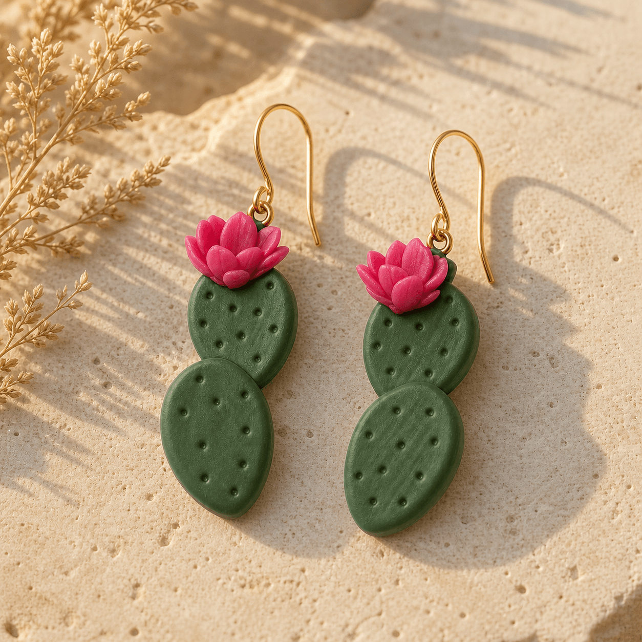 Prickly Pear Cactus Earrings arranged on sun-washed stone beside dried grasses, showing the dimpled paddle texture and layered pink bloom
