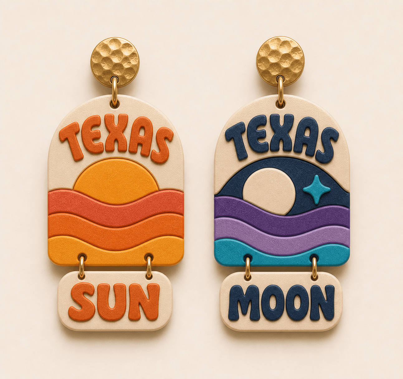 Texas Sun Earrings — mismatched pair of layered 3D-printed resin earrings: an arched sunset tag in burnt orange waves reading TEXAS SUN, beside its midnight-blue companion with a cream moon and teal star reading TEXAS MOON, both on hammered gold stud tops